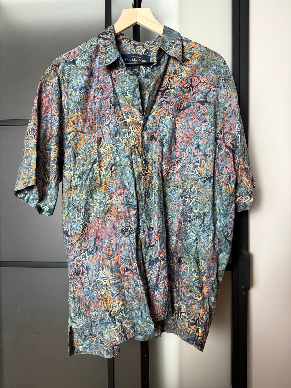 Pete Huntington Men's Handcrafted Bali Cotton Button Down Short Sleeve Sz Large